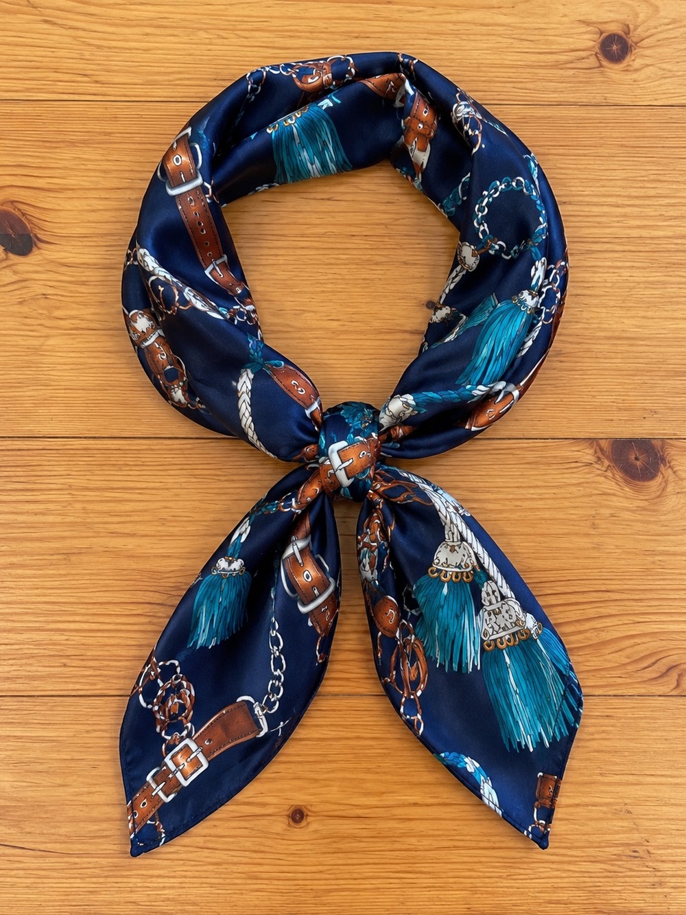 Navy Satin Equestrian Scarf Leather Tack Chain Print